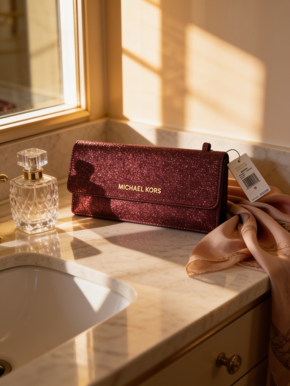 Michael Kors Glitter Fold-Over Clutch in Burgundy with Gold Hardware